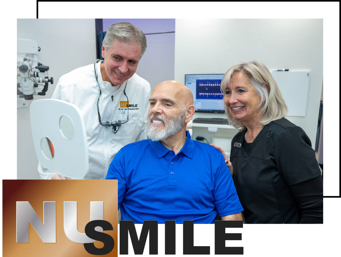 Dr. Thompson and a patient looking at a new smile in a mirror